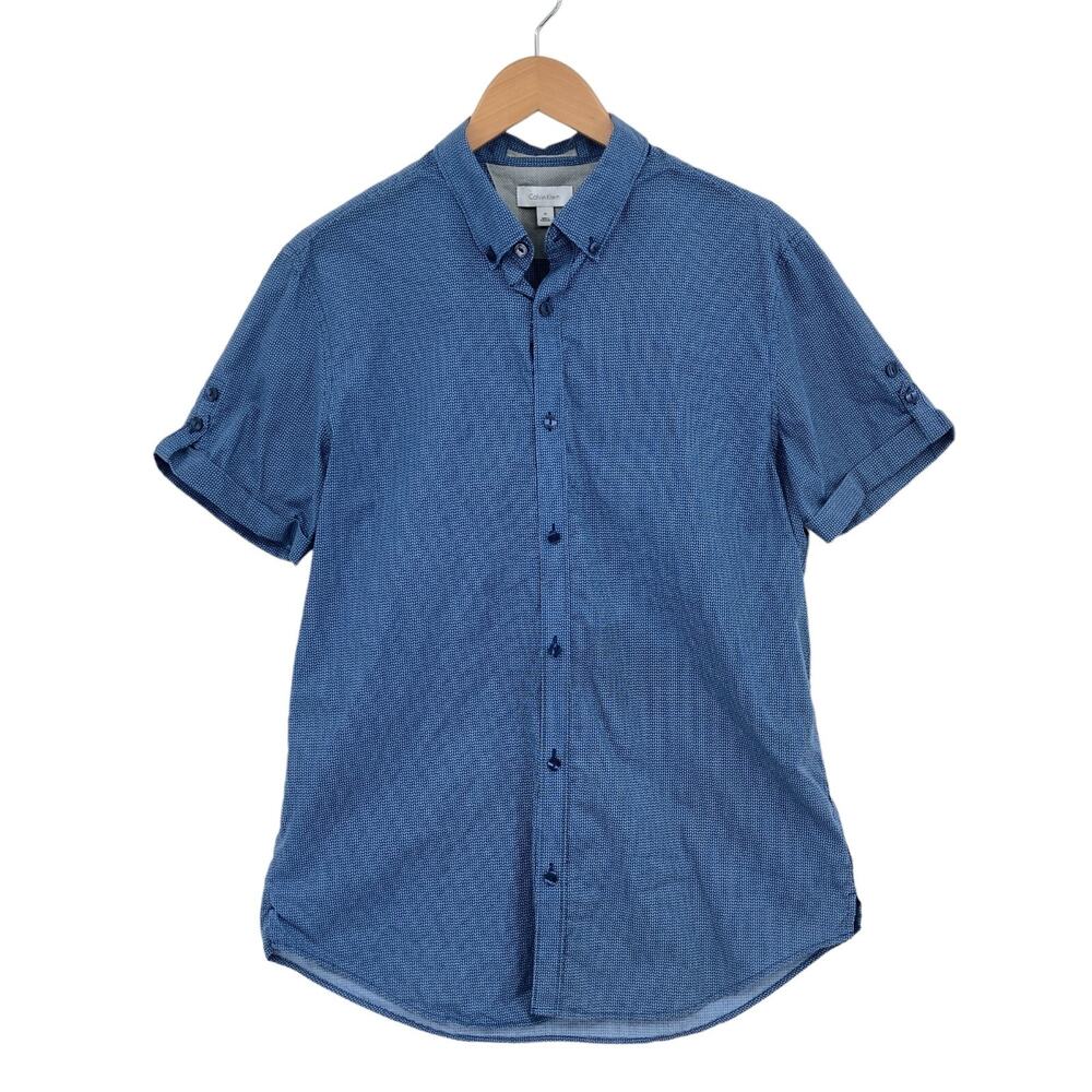Calvin Klein Button Up Shirt Mens Medium Blue Patterned Short Sleeve Collared